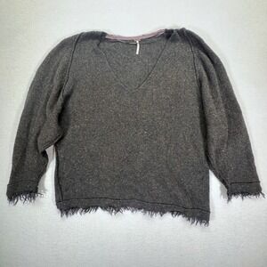Free People Women Charcoal Grey Wool Blend Frayed V-Neck Sweater Size M OB460170